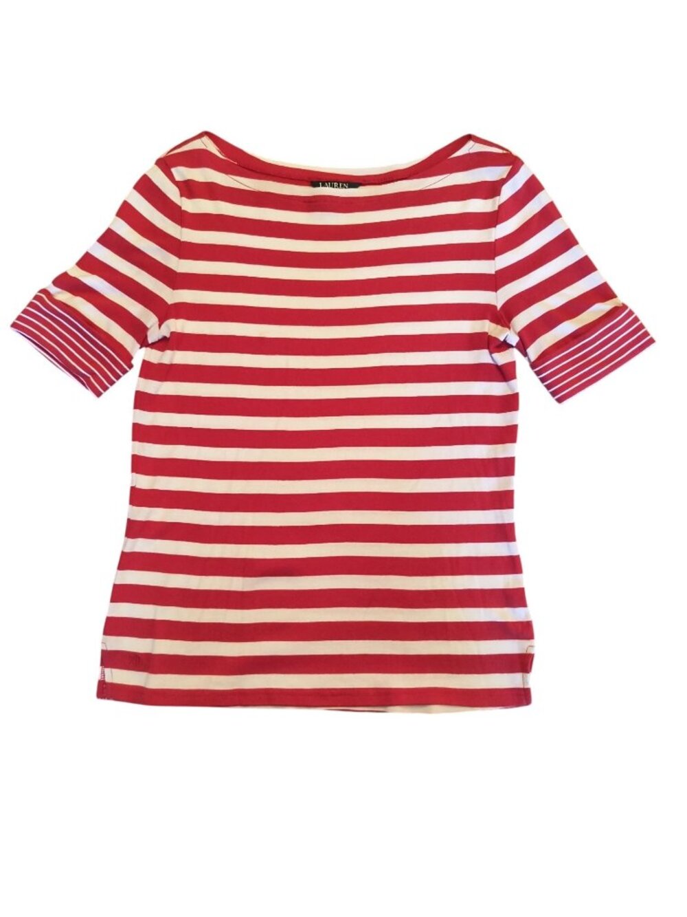 Lauren Ralph Lauren Womens Red & White Striped Cotton Boatneck Top L